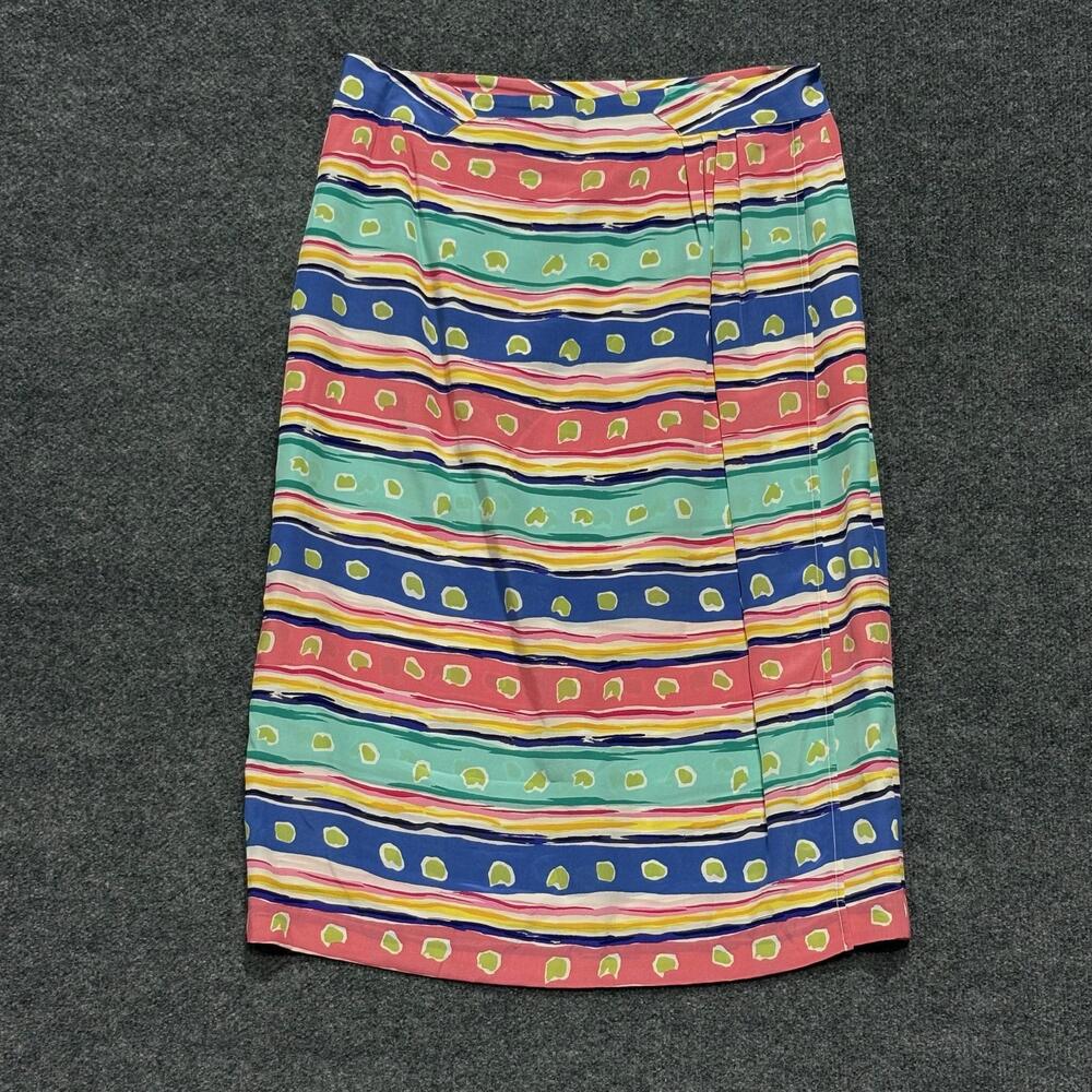 Vintage Bleyle Skirt Womens L Blue Multicolor Stripe Silk Pleated Knee Length